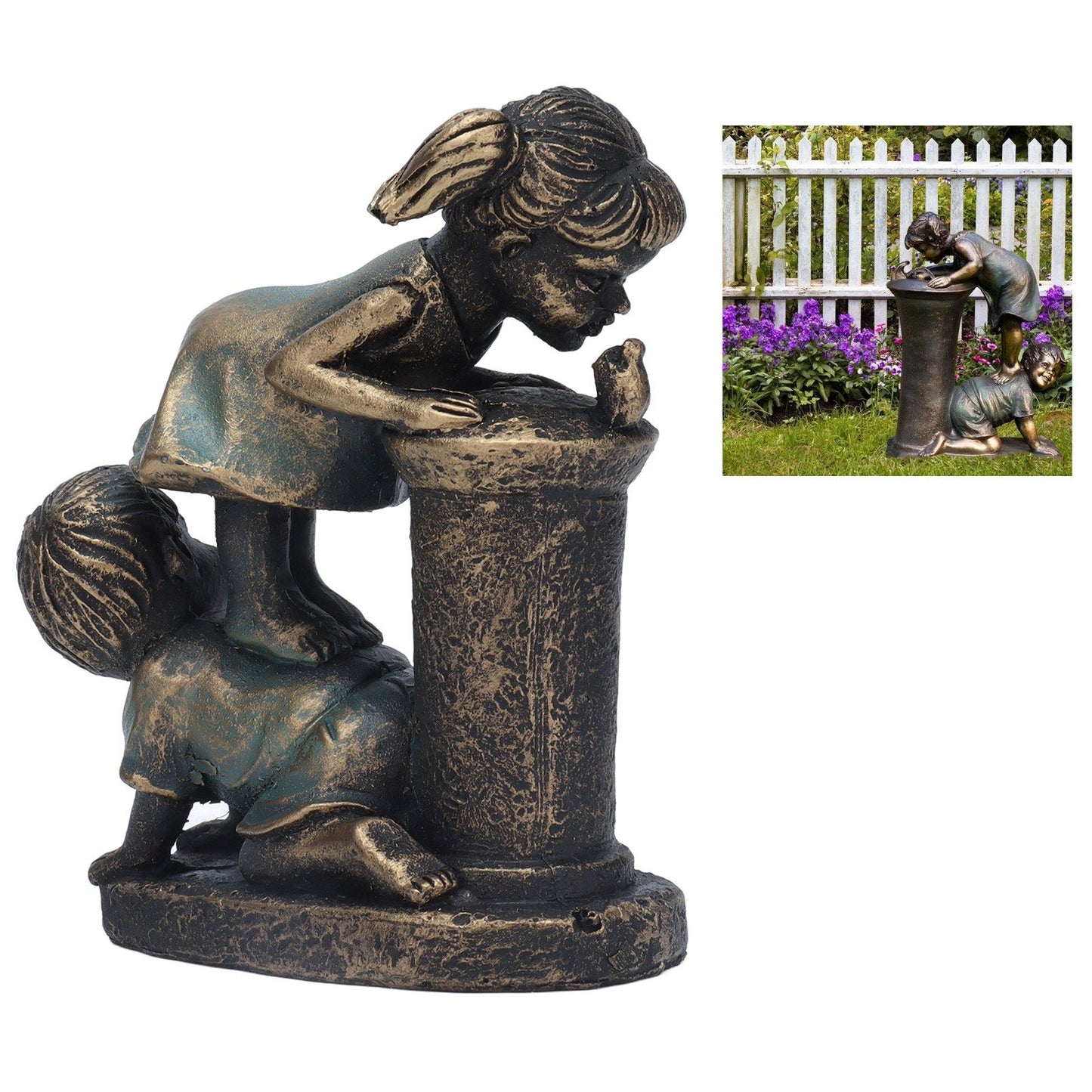 Girl Boy Drink Water Statue Garden Sculpture Resin Courtyard Ornament for Indoor Outdoor Decoration