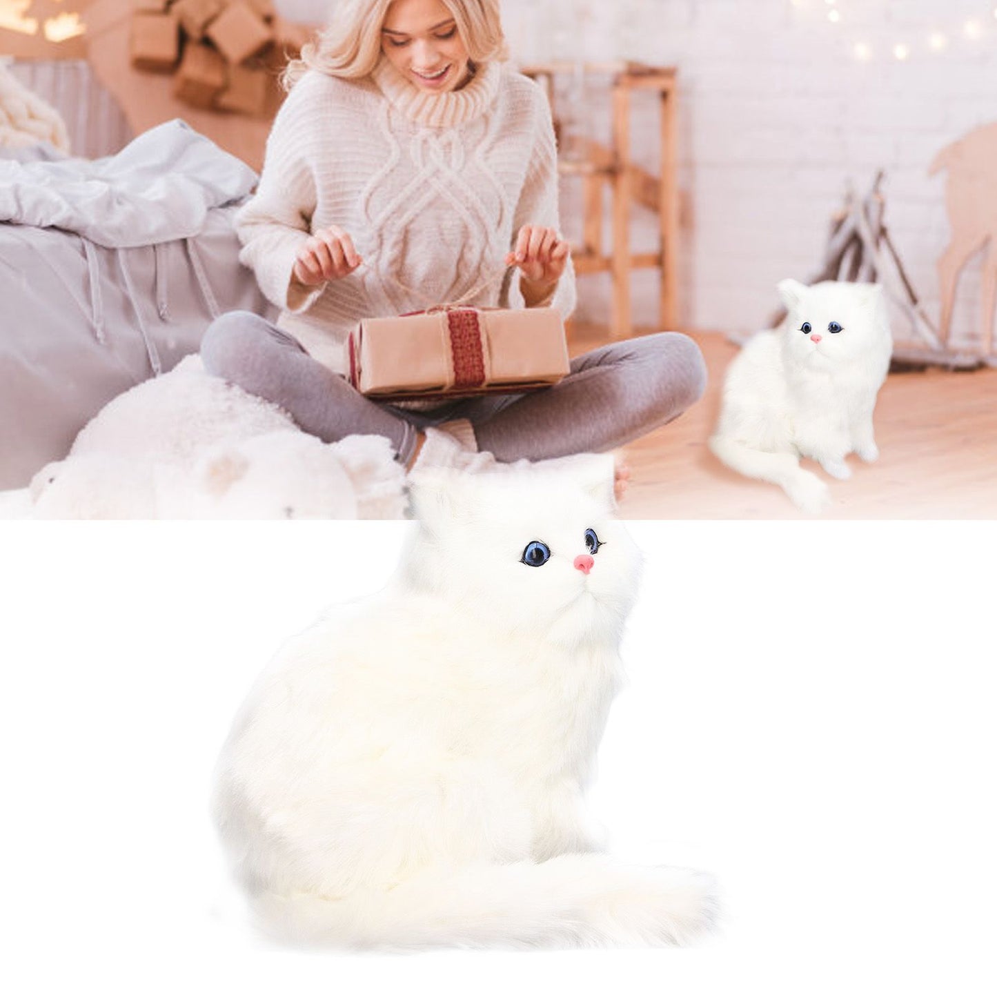 Simulation Cat White Cute Attractive Plush Fake Cat Toy with 84mAh Battery for Toy Gift Decorations