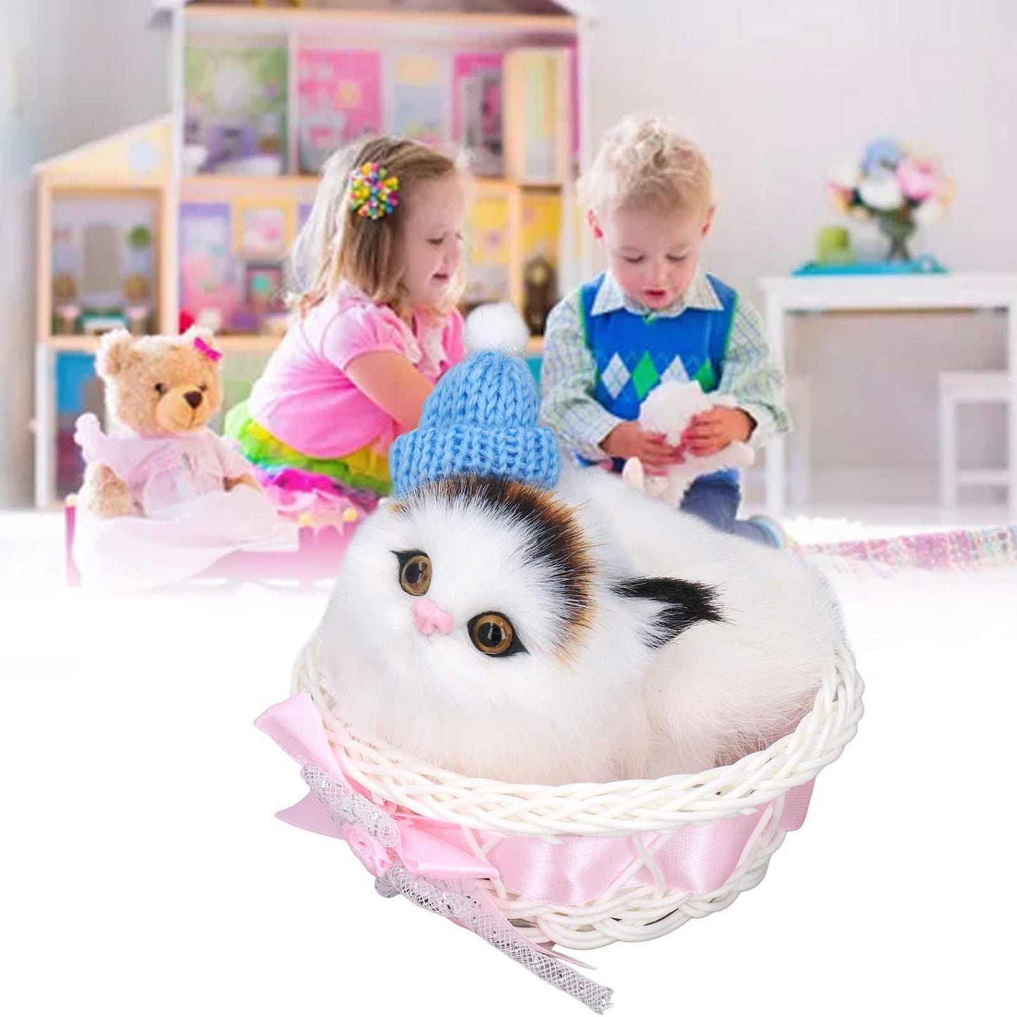 Lovely Simulation Cat Comfortable Feel Rabbit Fur Cat Stuffed Animal with Sound for Kids Toy Car Decoration