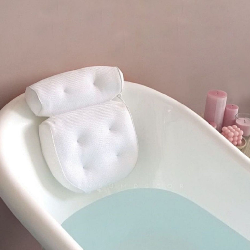 Bath Pillow 3D Mesh Fabric Soft Bathtub Pillow with Suction Cups Spa Bathtub Cushion for Back Neck Support Rest White