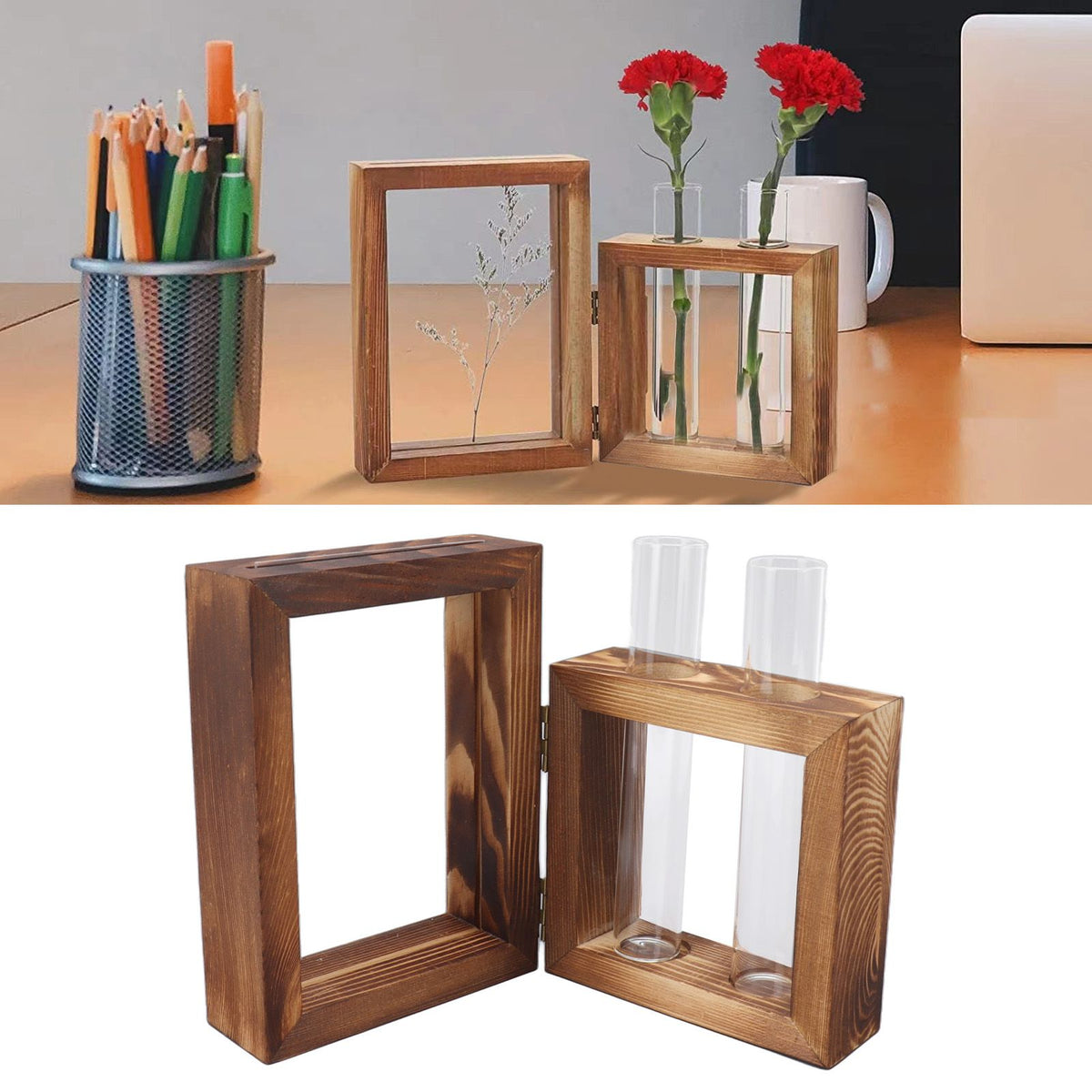 Plant Propagation Station Wooden Stand with 2 Glass Test Tubes Wooden Frame Glass Hydroponic Test Tube Vase Flower Pot Table Ornament for Water Planting Flower