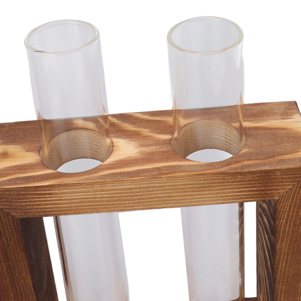 Plant Propagation Station Wooden Stand with 2 Glass Test Tubes Wooden Frame Glass Hydroponic Test Tube Vase Flower Pot Table Ornament for Water Planting Flower