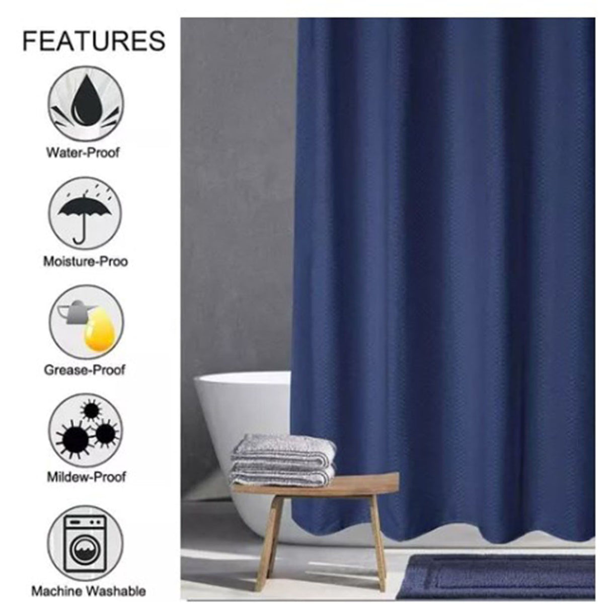 Waterproof Shower Curtain with Hooks Modern Thicken Polyester Shower Curtain for Home Hotel Bathroom Dark Blue