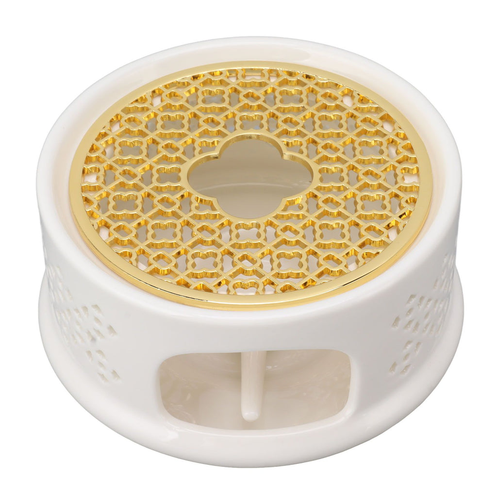 Teapot Warmer Tea Coffee Warmer Base Ceramic Heater with Spoon Lid and Candle Holder White