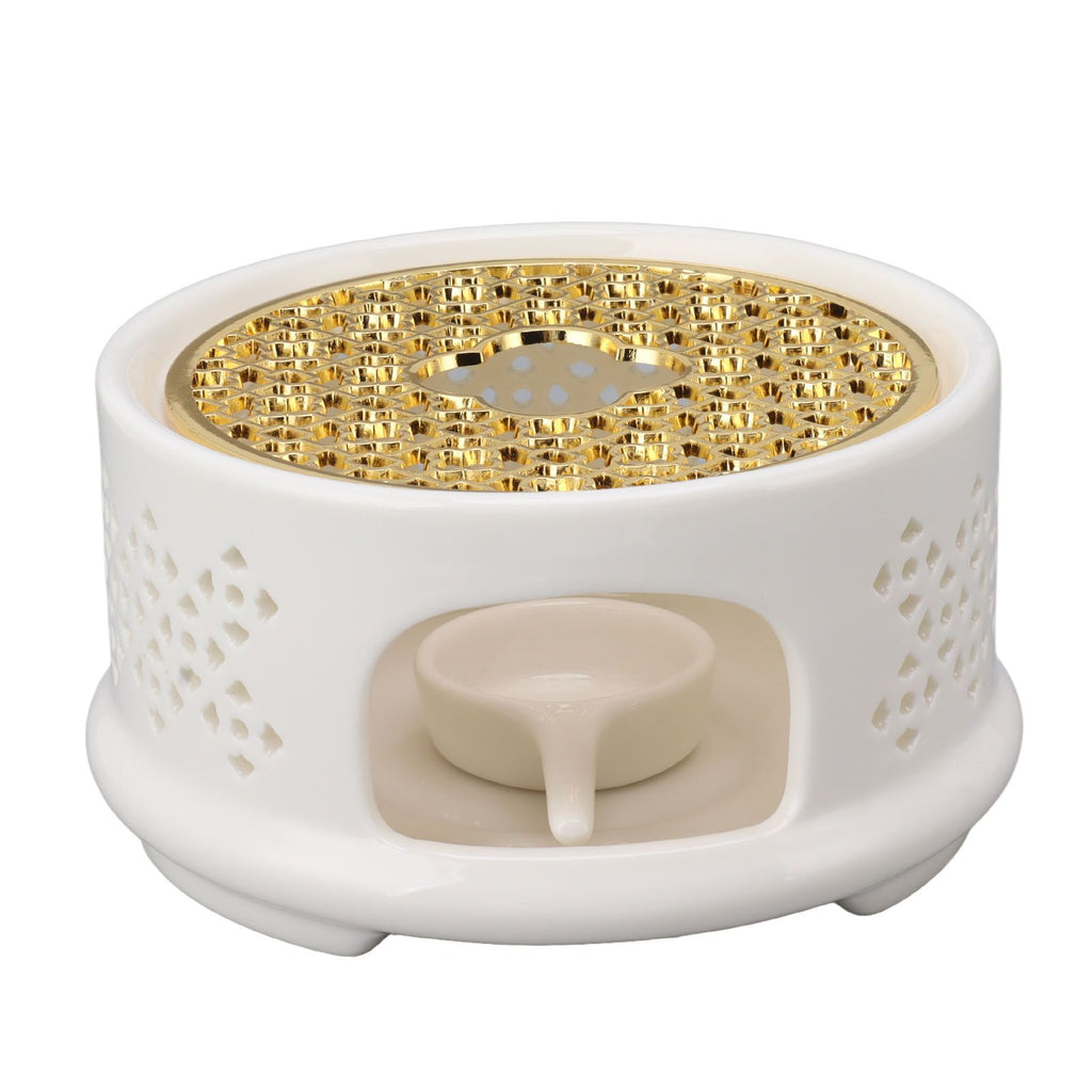 Teapot Warmer Tea Coffee Warmer Base Ceramic Heater with Spoon Lid and Candle Holder White