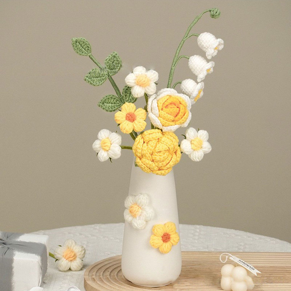 Simulation Woolen Flower Handmade Knitting Artificial Flower Crochet Knitted Flower with Ceramic Vase Table Flower Gift