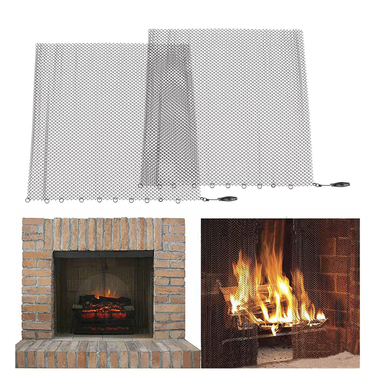 Fireplace Mesh Screen Curtain 2 Wide Panels Hanging Replacement Screens for Home Wood Burning Fireplace Black 24x22in