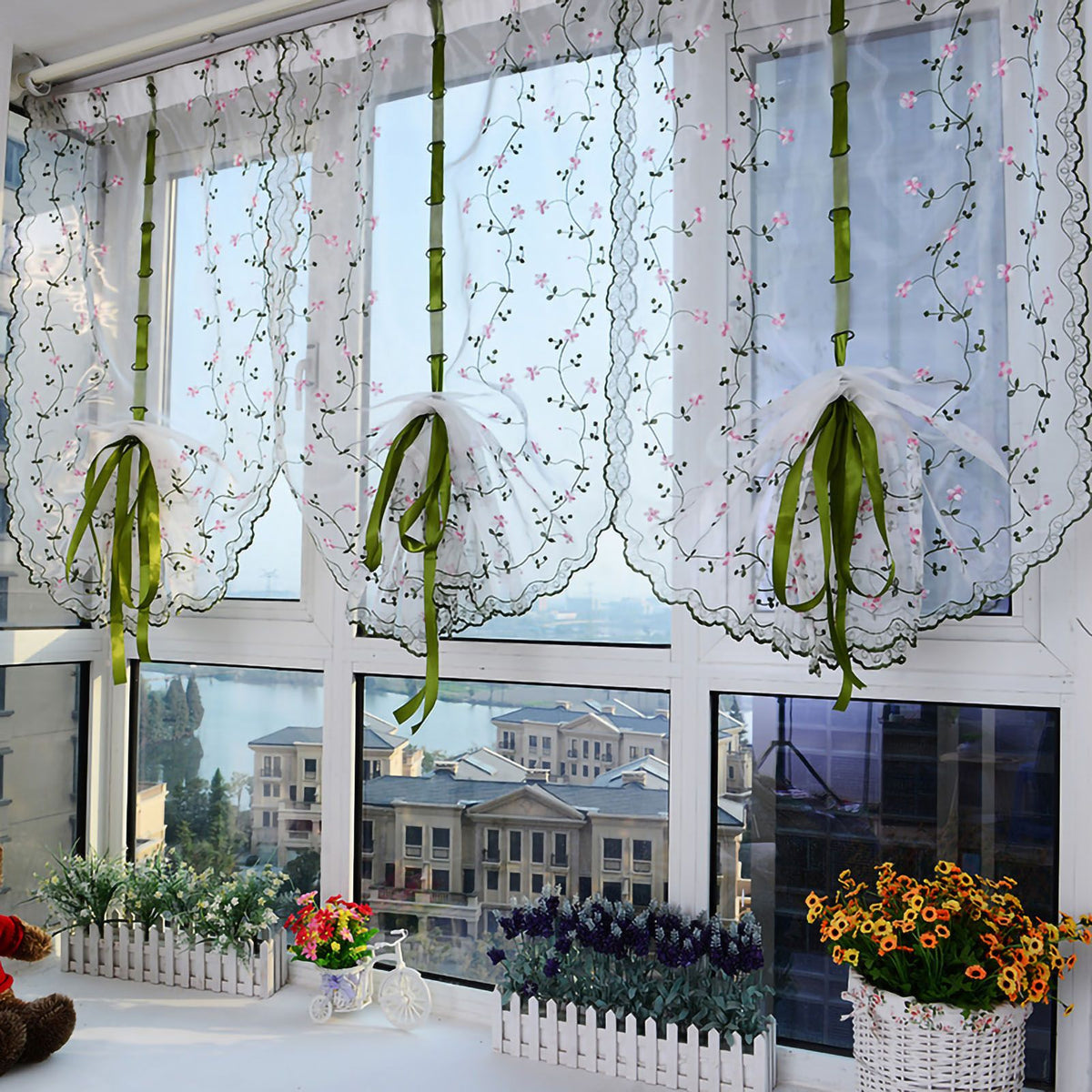 Embroidered Roman Sheer Curtain Classical Floral Window Screen Elegant Embroidered Roman Shade for Bedroom Balcony 1.5m/59.1in Height