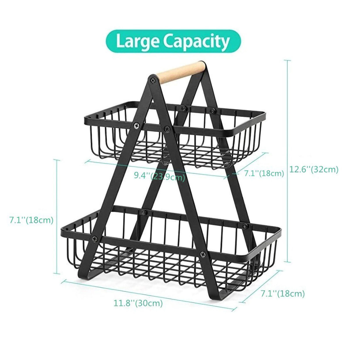 Storage Basket Iron Wood 2 Layers Detachable Fruit Vegetable Shelf Rack for Living Room Kitchen Desktop Black