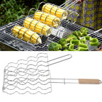 Corn Grilling Basket Stainless Steel Beech Wood Handle Even Heat Distribution 4 Corns Capacity Grilling Holder for Camping