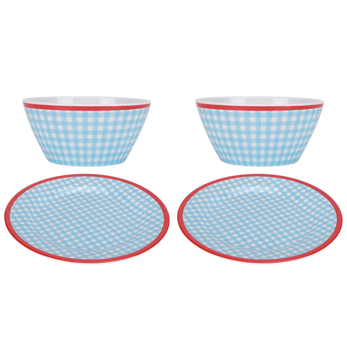 4Pcs/Set Salad Bowl Dish Light Blue Grid Pattern Imitation Porcelain Snack Plate Tableware