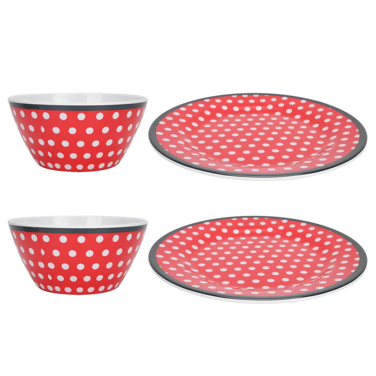 4Pcs Salad Dish Set Red Dots Imitation Porcelain Plate Fruit Food Cake Dish Dinnerware for Kitchen