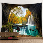 Cave River Landscape Pattern Tapestry Wall Hanging Wall Blanket for Bedroom Decor150x150cm