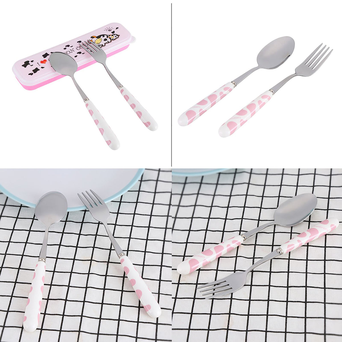 2 PCS Stainless Steel Knife Fork Spoon Kitchen Flatware Tableware with Box Children Set Pink