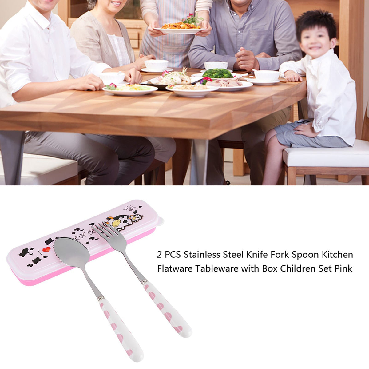 2 PCS Stainless Steel Knife Fork Spoon Kitchen Flatware Tableware with Box Children Set Pink