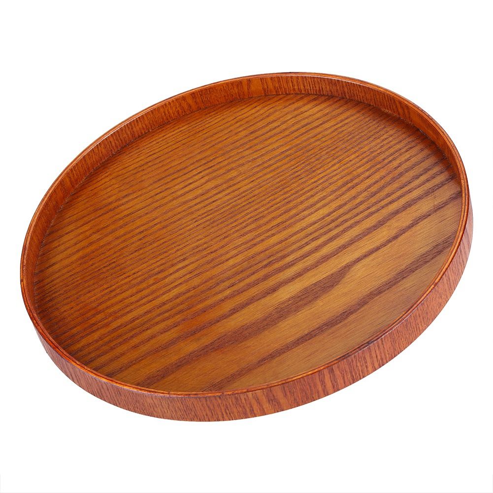 Round Natural Wood Serving Tray Wooden Plate Tea Food Server Dishes Water Drink Platter 24 cm