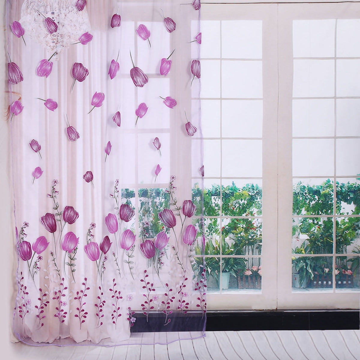 100*200cm Tulips Printing Tulle Curtains Sheer Drape Balcony Window Decoration Purple