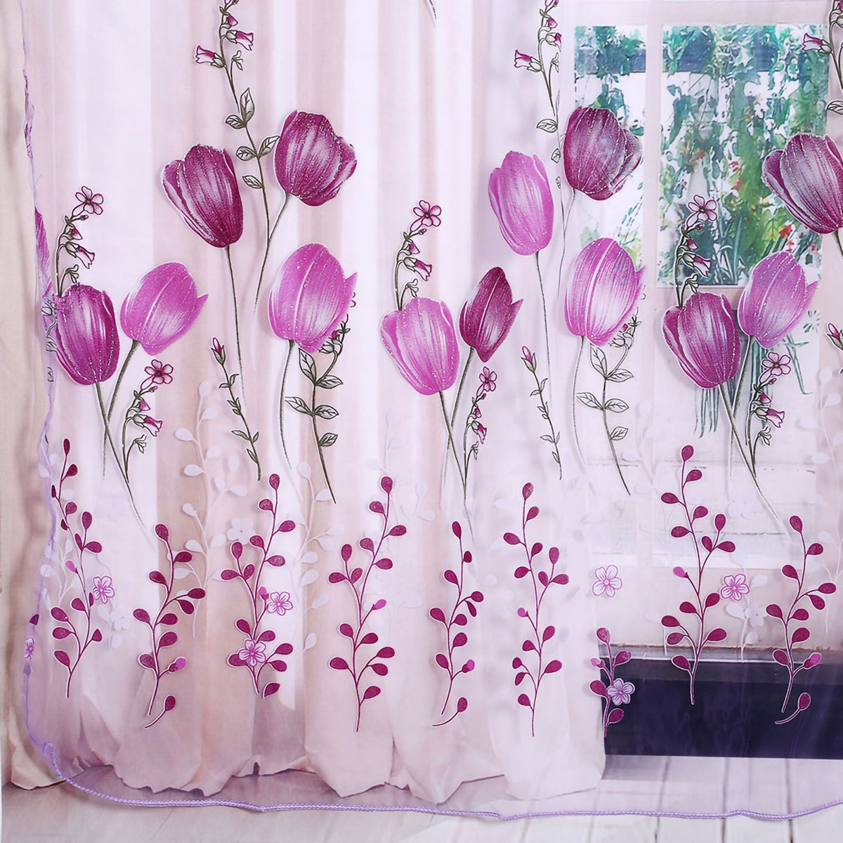 100*200cm Tulips Printing Tulle Curtains Sheer Drape Balcony Window Decoration Purple