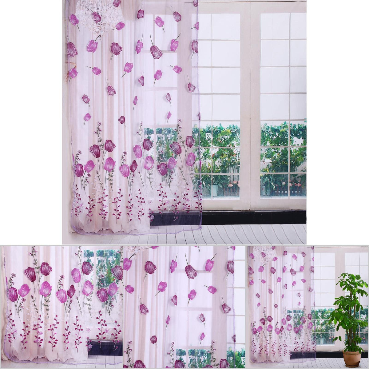100*200cm Tulips Printing Tulle Curtains Sheer Drape Balcony Window Decoration Purple