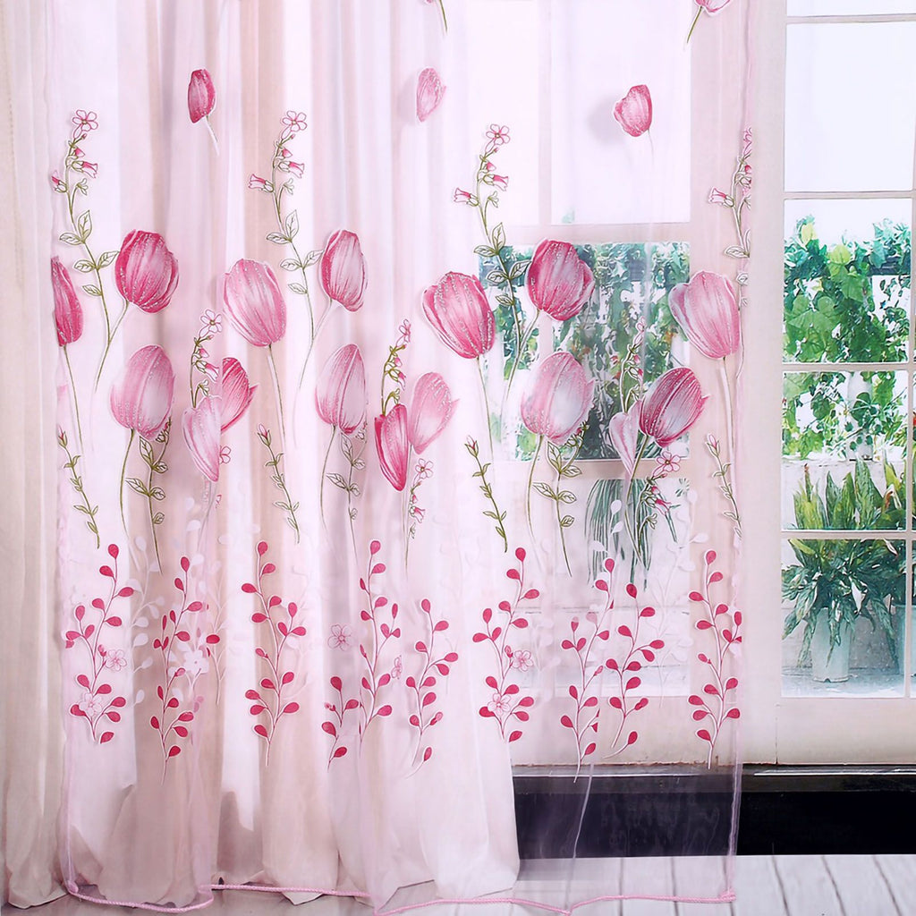 100*200cm Tulips Printing Tulle Curtains Sheer Drape Balcony Window Decoration Pink