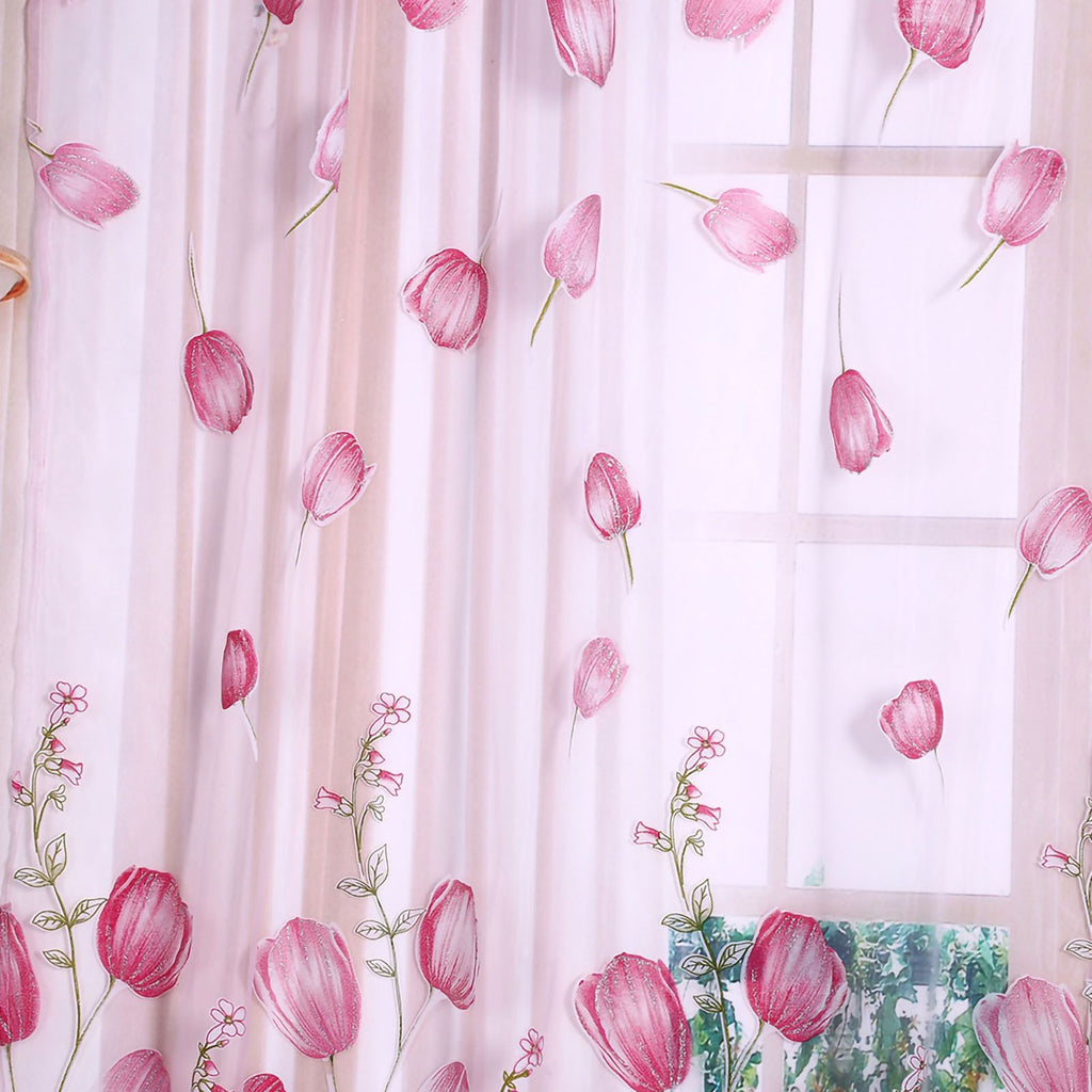 100*200cm Tulips Printing Tulle Curtains Sheer Drape Balcony Window Decoration Pink