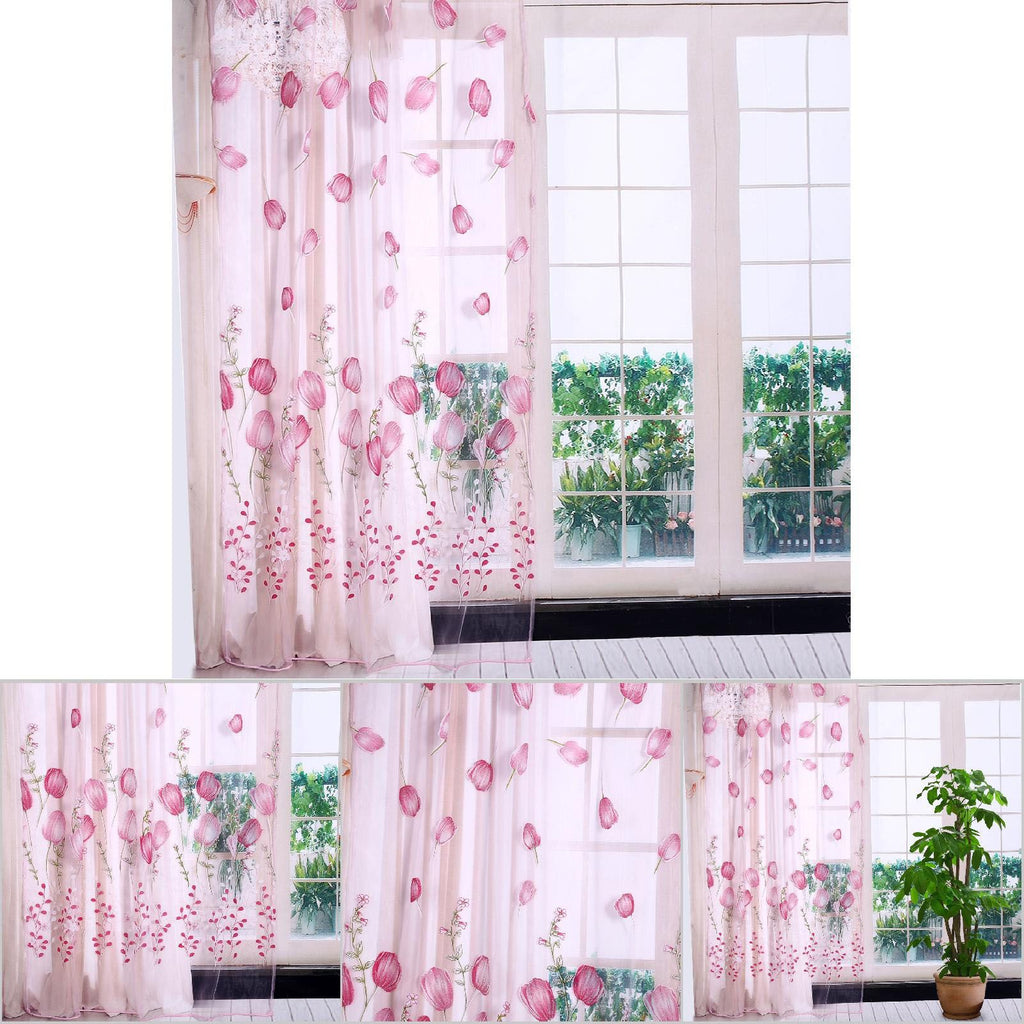 100*200cm Tulips Printing Tulle Curtains Sheer Drape Balcony Window Decoration Pink