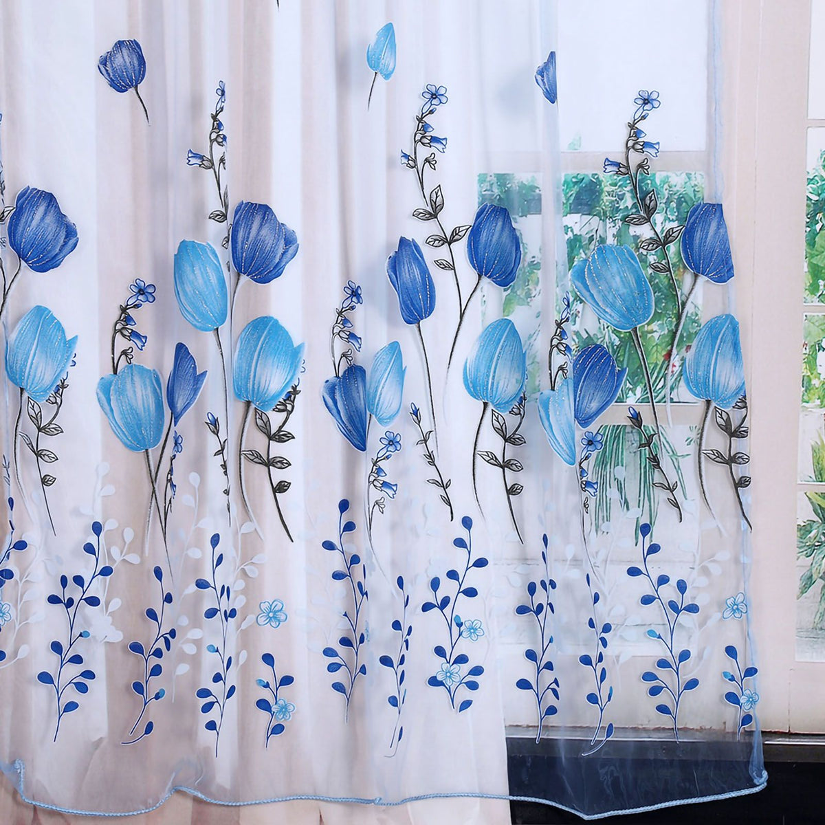 100*200cm Tulips Printing Tulle Curtains Sheer Drape Balcony Window Decoration Blue