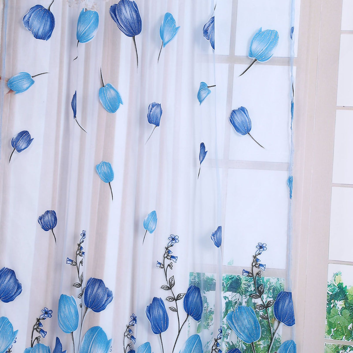 100*200cm Tulips Printing Tulle Curtains Sheer Drape Balcony Window Decoration Blue