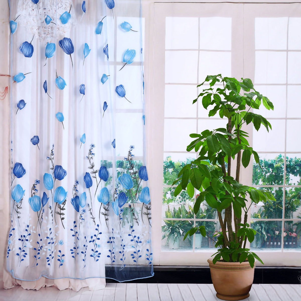 100*200cm Tulips Printing Tulle Curtains Sheer Drape Balcony Window Decoration Blue