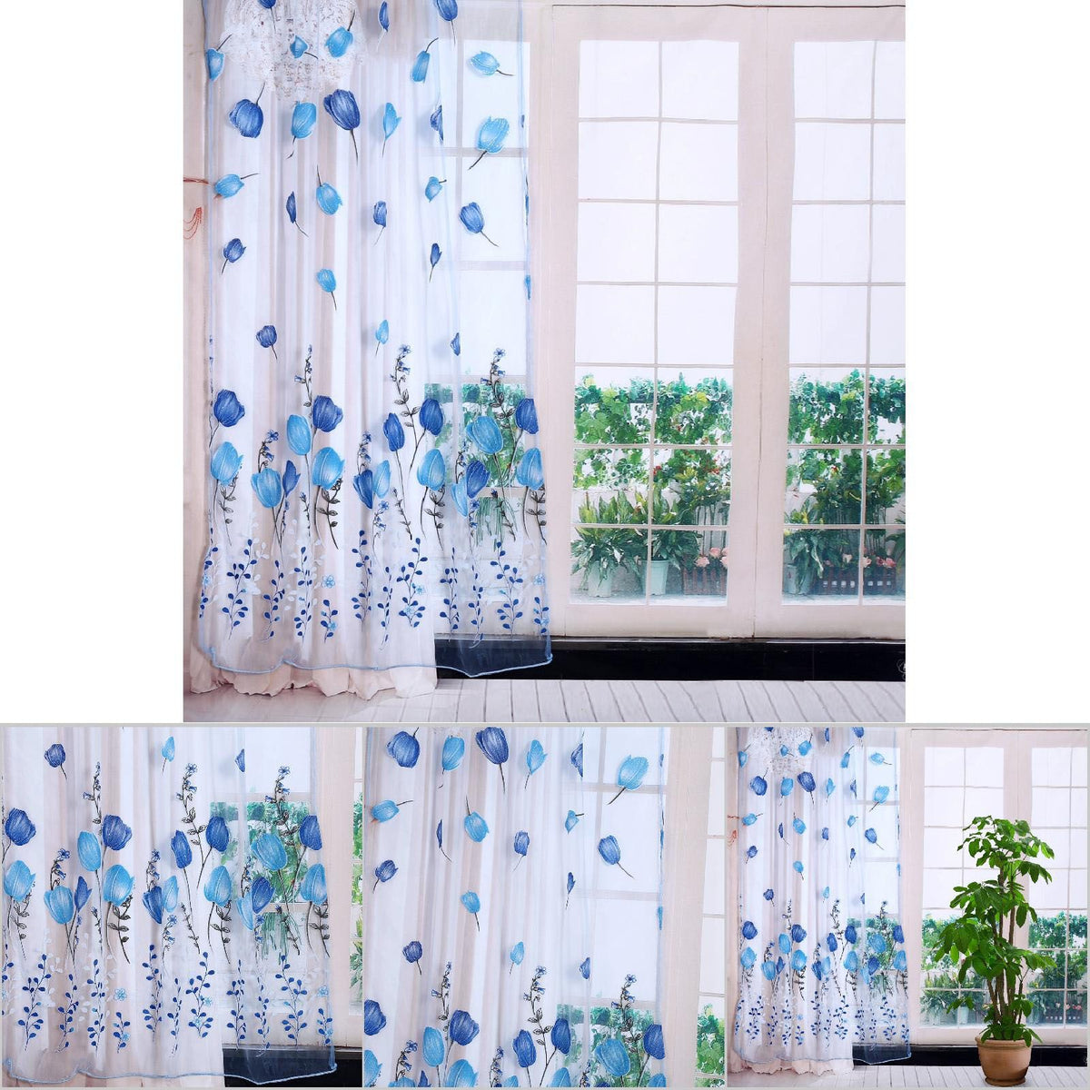100*200cm Tulips Printing Tulle Curtains Sheer Drape Balcony Window Decoration Blue