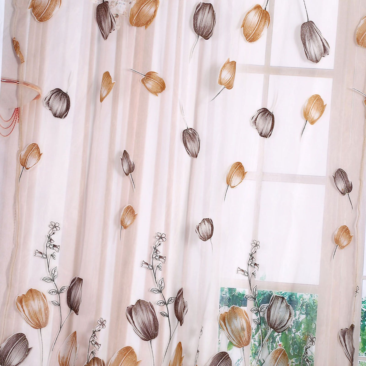 100*200cm Tulips Printing Tulle Curtains Sheer Drape Balcony Window Decoration Orange