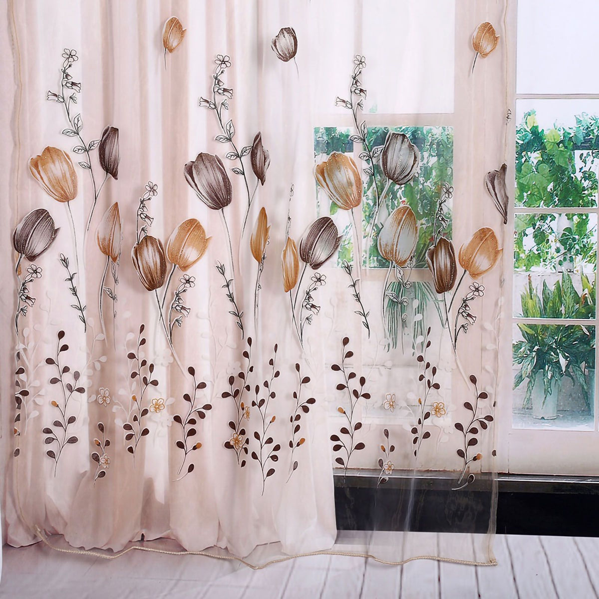 100*200cm Tulips Printing Tulle Curtains Sheer Drape Balcony Window Decoration Orange