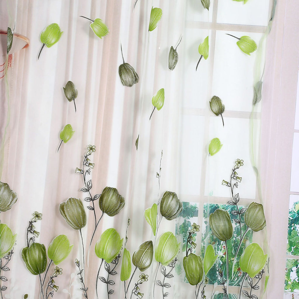 100*200cm Tulips Printing Tulle Curtains Sheer Drape Balcony Window Decoration Green