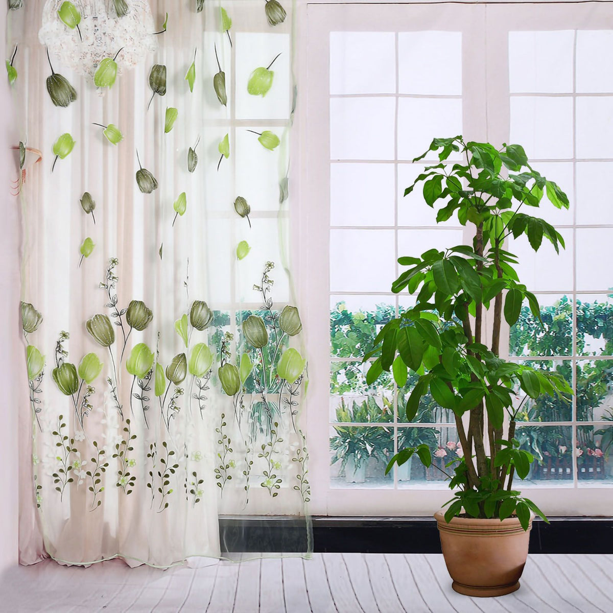 100*200cm Tulips Printing Tulle Curtains Sheer Drape Balcony Window Decoration Green