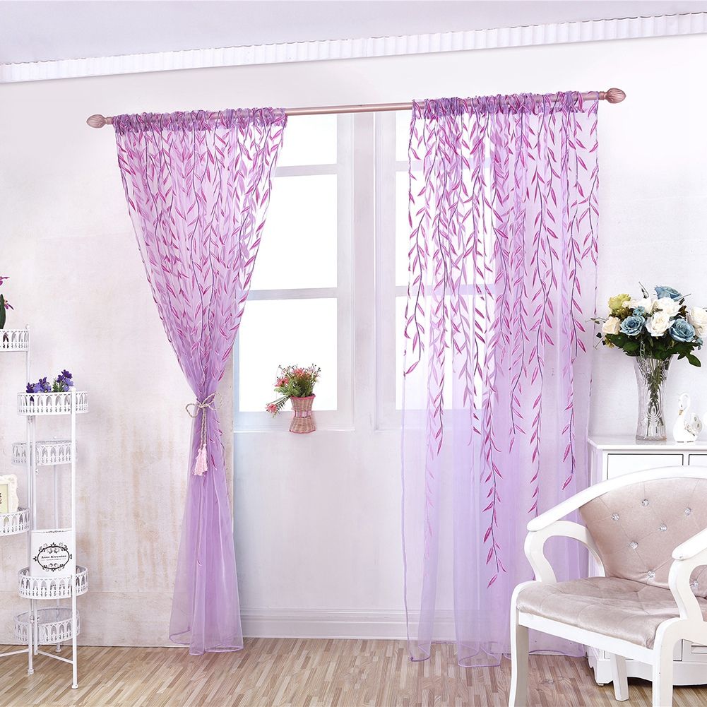 100 x 270 cm Wicker Print Sheer Vintage Embroidery Voile Window Panels for Bedroom Purple
