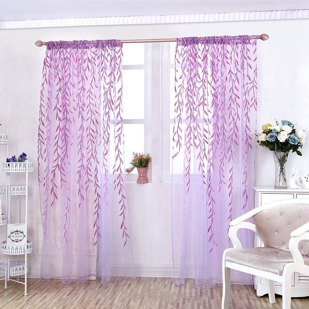 100 x 270 cm Wicker Print Sheer Vintage Embroidery Voile Window Panels for Bedroom Purple