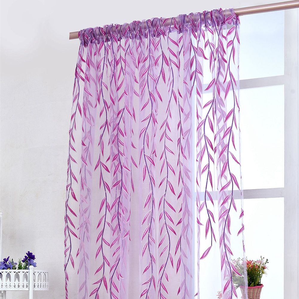 100 x 270 cm Wicker Print Sheer Vintage Embroidery Voile Window Panels for Bedroom Purple