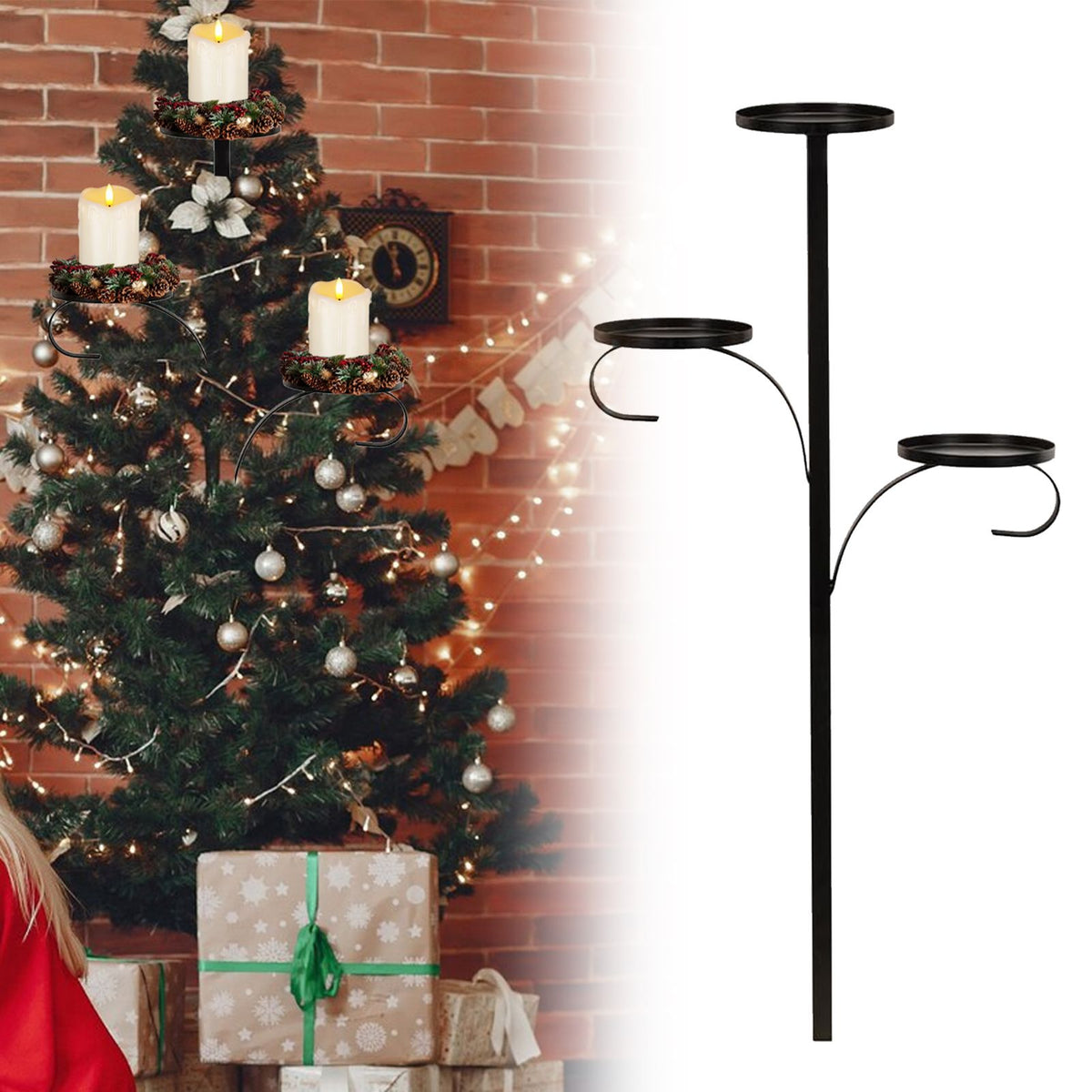 Black Triple Tree Topper 3 Tier Candle Holder Triple Candle Tree Topper for Holiday Indoor Outdoor Decor 60cm 2 Section Splicing
