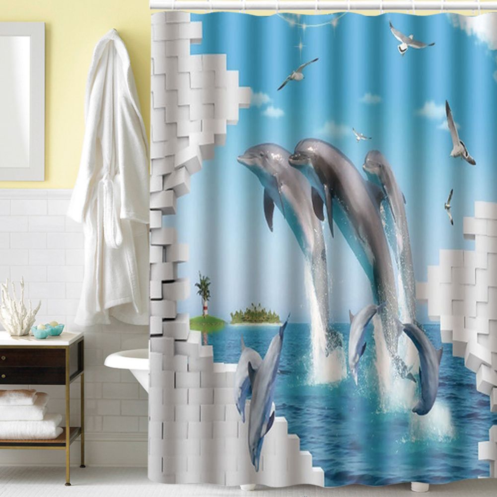 180x180cm Beautiful Print Shower Curtain Polyester Waterproof Bathroom Bath Curtain AccessoryDolphin