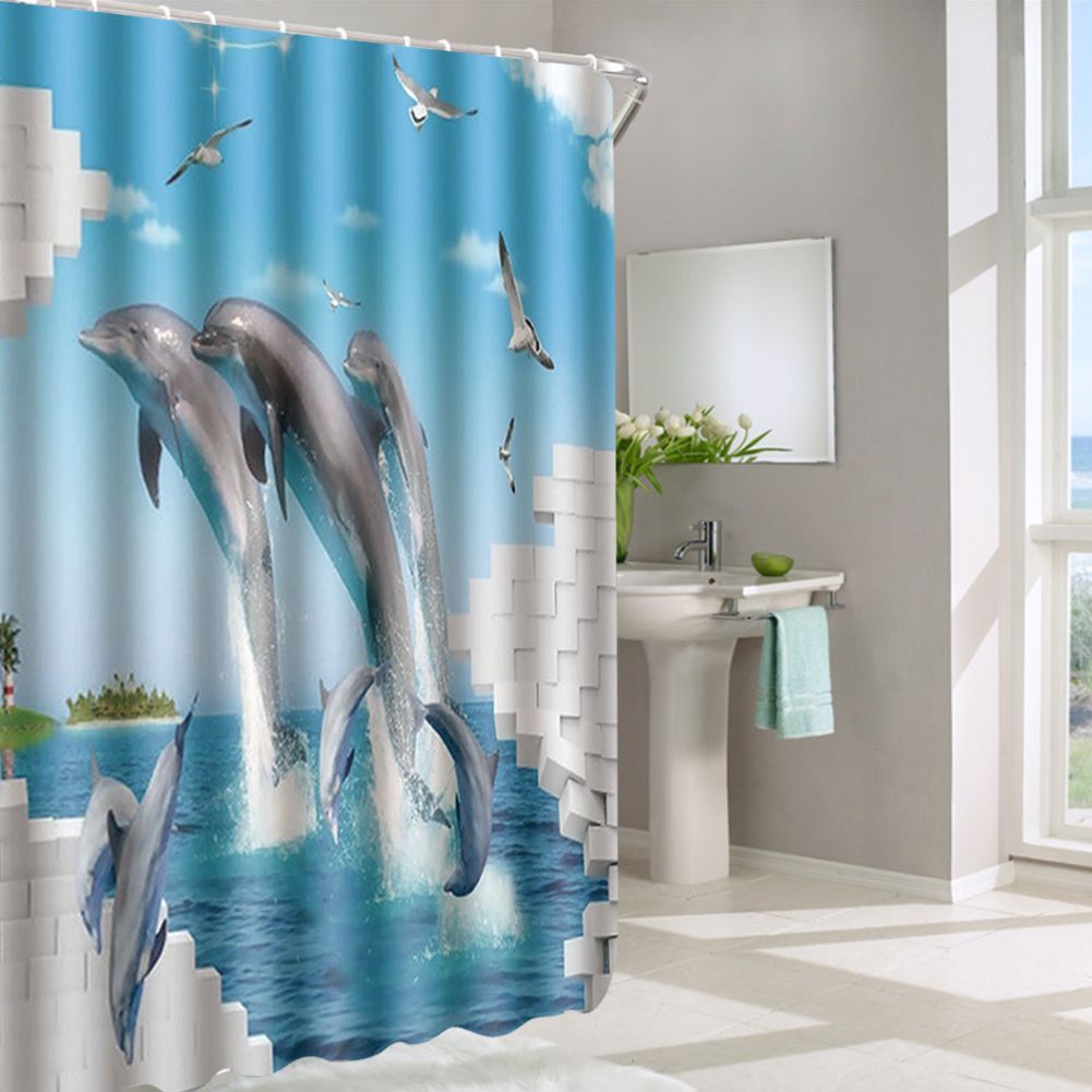 180x180cm Beautiful Print Shower Curtain Polyester Waterproof Bathroom Bath Curtain AccessoryDolphin