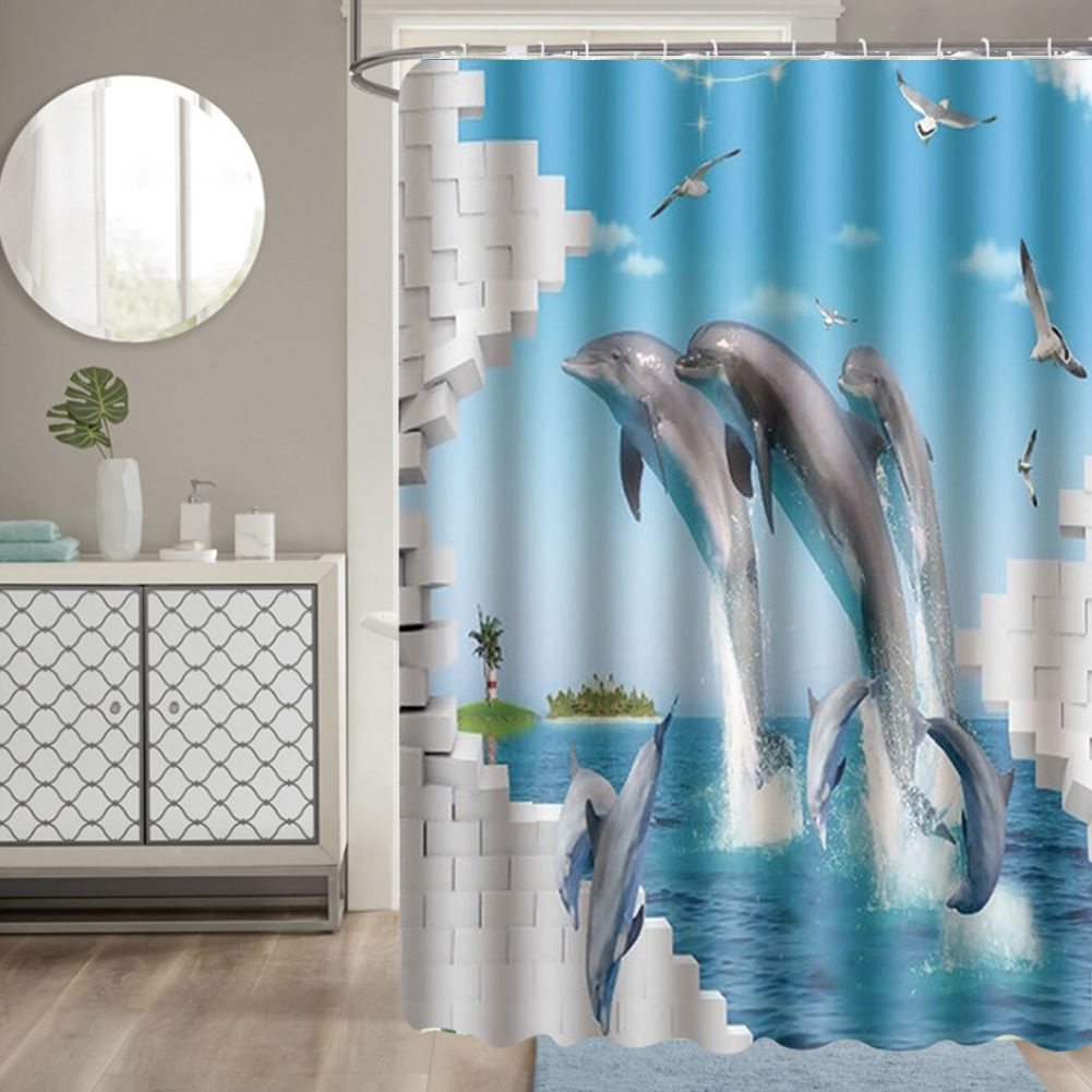 180x180cm Beautiful Print Shower Curtain Polyester Waterproof Bathroom Bath Curtain AccessoryDolphin