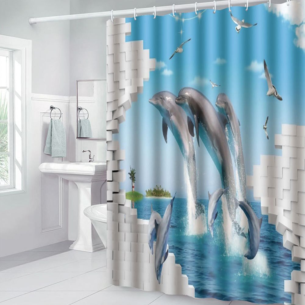 180x180cm Beautiful Print Shower Curtain Polyester Waterproof Bathroom Bath Curtain AccessoryDolphin