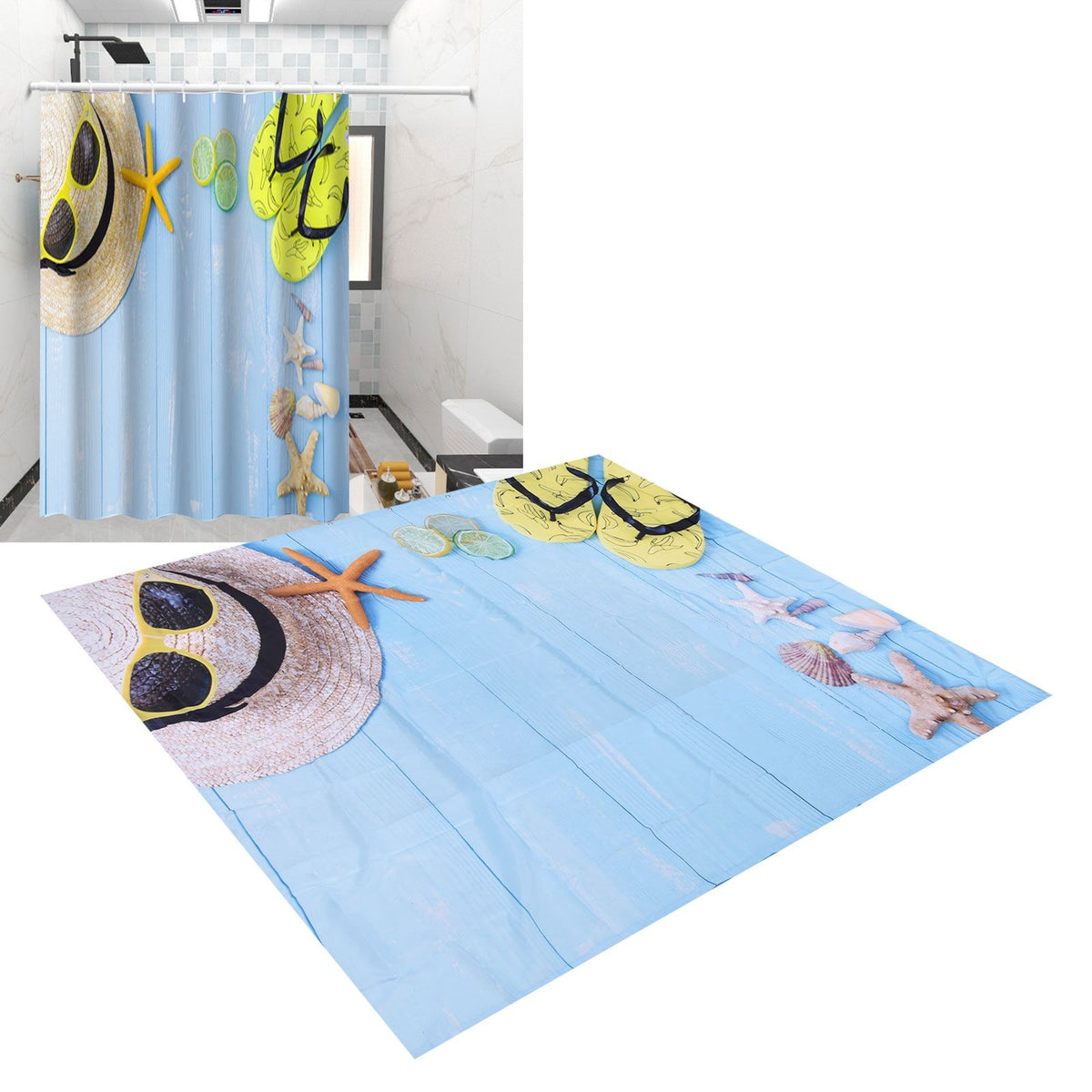 Beach Pattern Shower Curtain Waterproof Polyester Bathroom Curtain with Hooks for Home Bathroom180x200cm