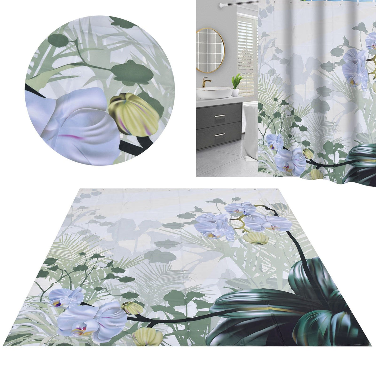 Flower Plants Pattern Shower Curtain Waterproof Polyester Bathroom Curtain with Hooks180x200cm