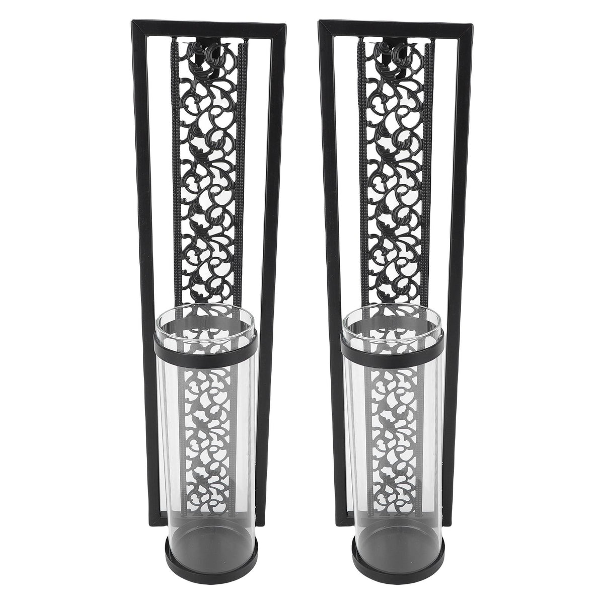 2pcs Wall Candle Holder Vintage Hollowed Candle Holder Metal Wall Art with Glass Cover for Home Decoration Black