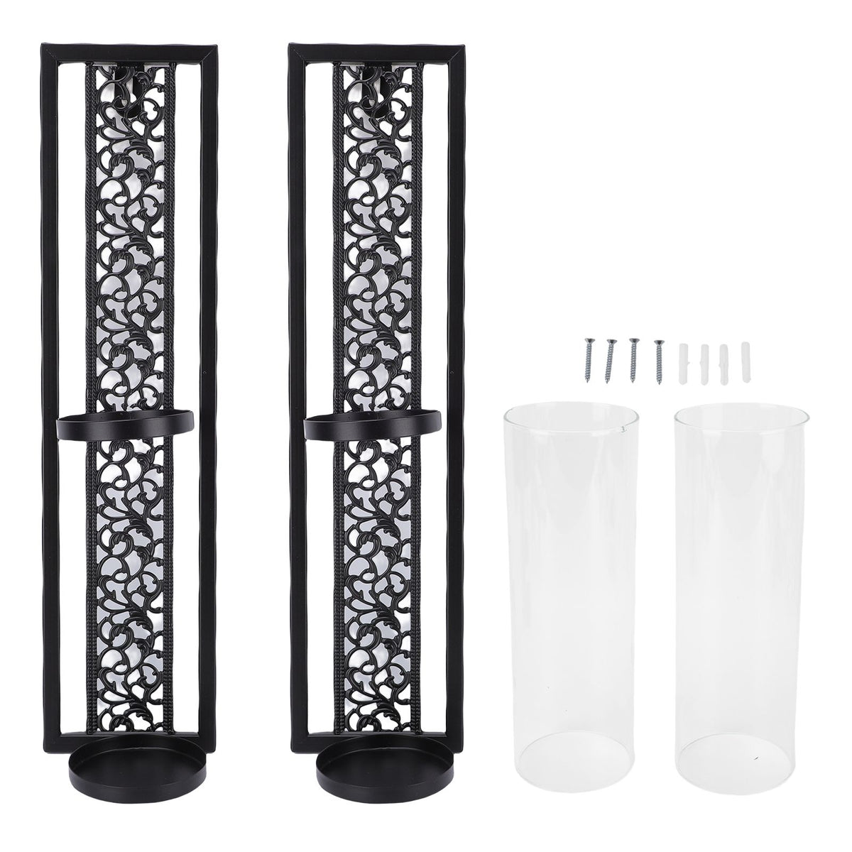 2pcs Wall Candle Holder Vintage Hollowed Candle Holder Metal Wall Art with Glass Cover for Home Decoration Black