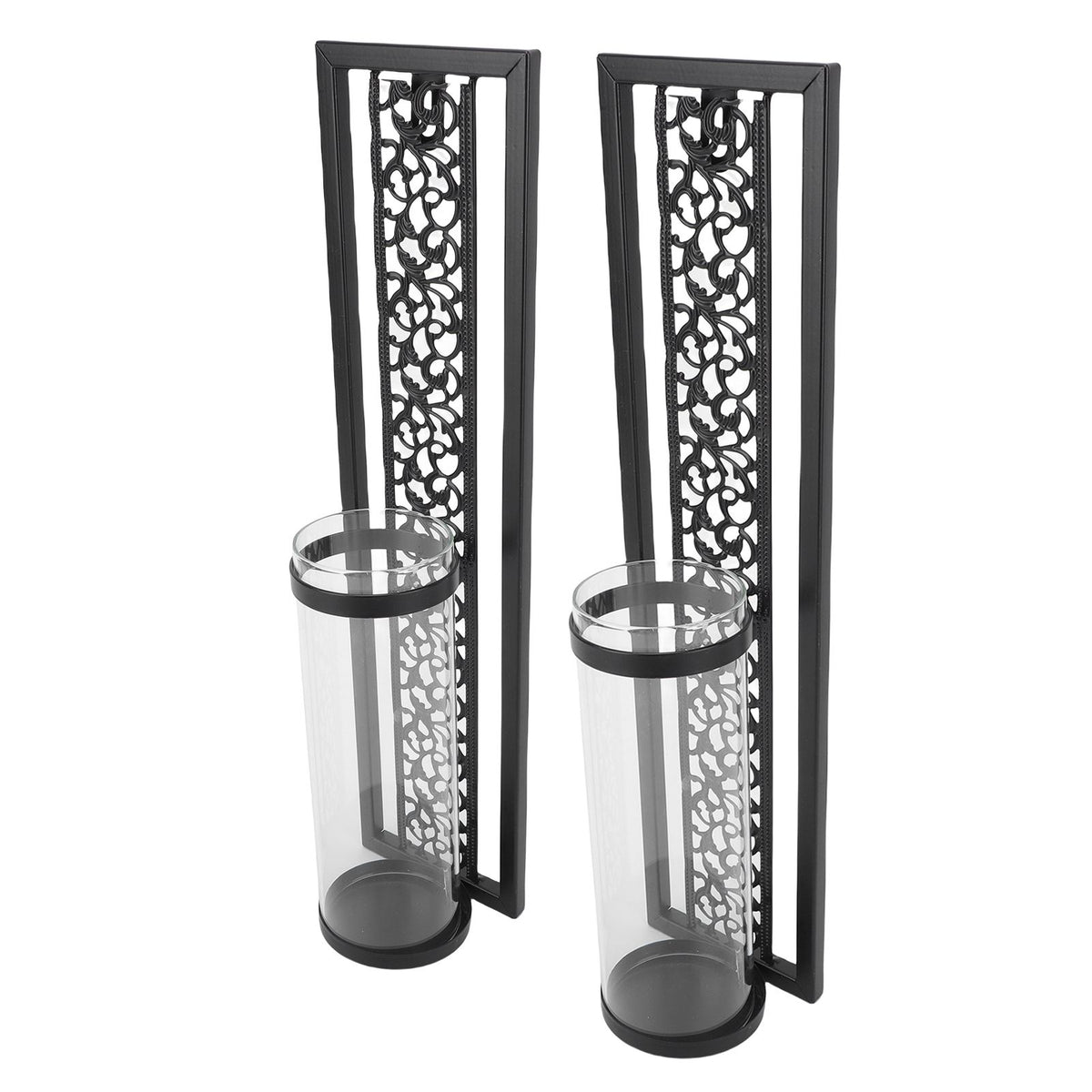 2pcs Wall Candle Holder Vintage Hollowed Candle Holder Metal Wall Art with Glass Cover for Home Decoration Black