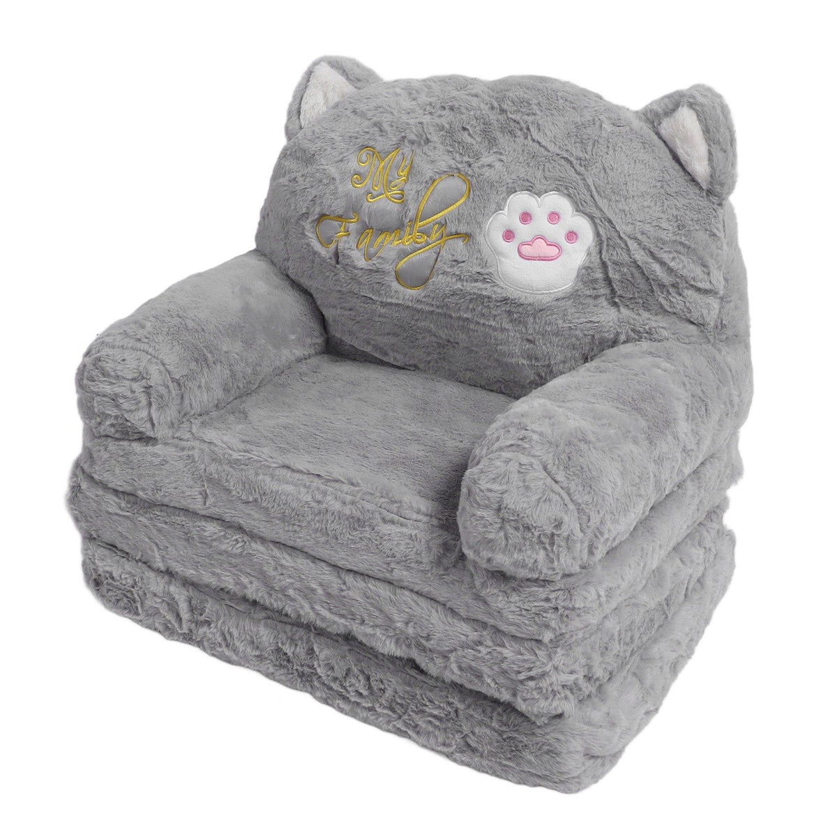 Kids Sofa for Baby Toddler Cute Cartoon Cat Convertible Armrest Chair Fold Out Couch Bed for Napping Playing Sleeping Grey 3 Layers