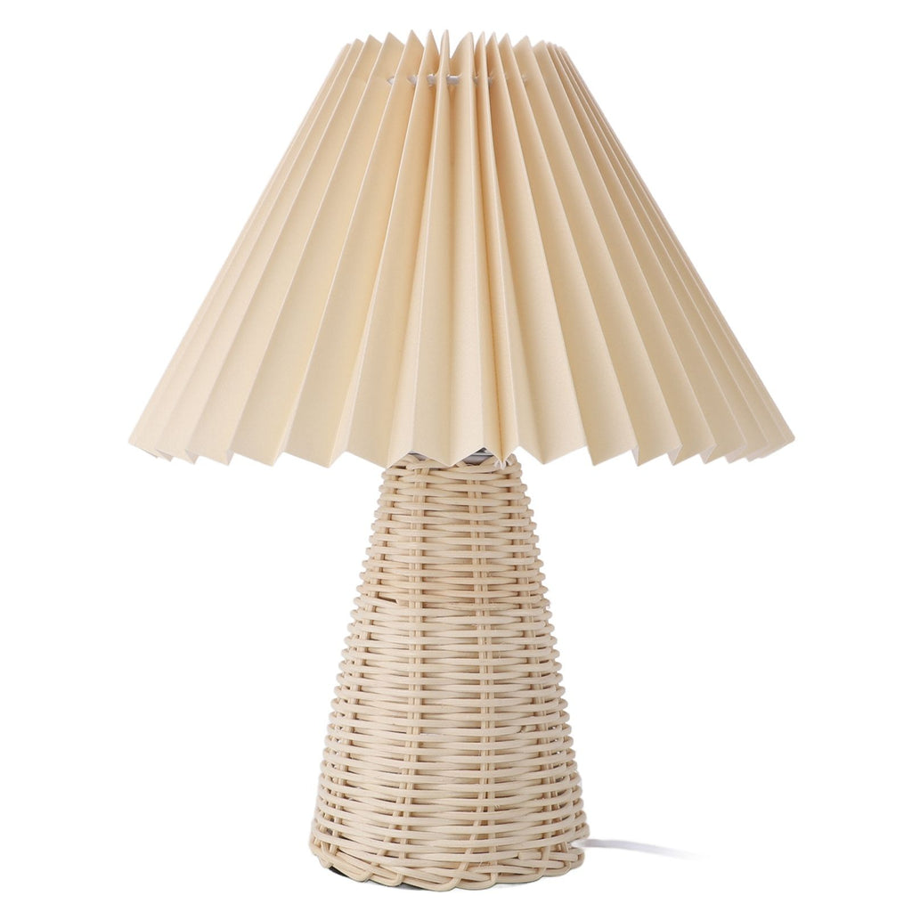 Pleated Table Lamp with Remote Control Modern Beige Fabric Shade Rattan Base Nightstand Lamp for Bedside Living Room Home Office Decor