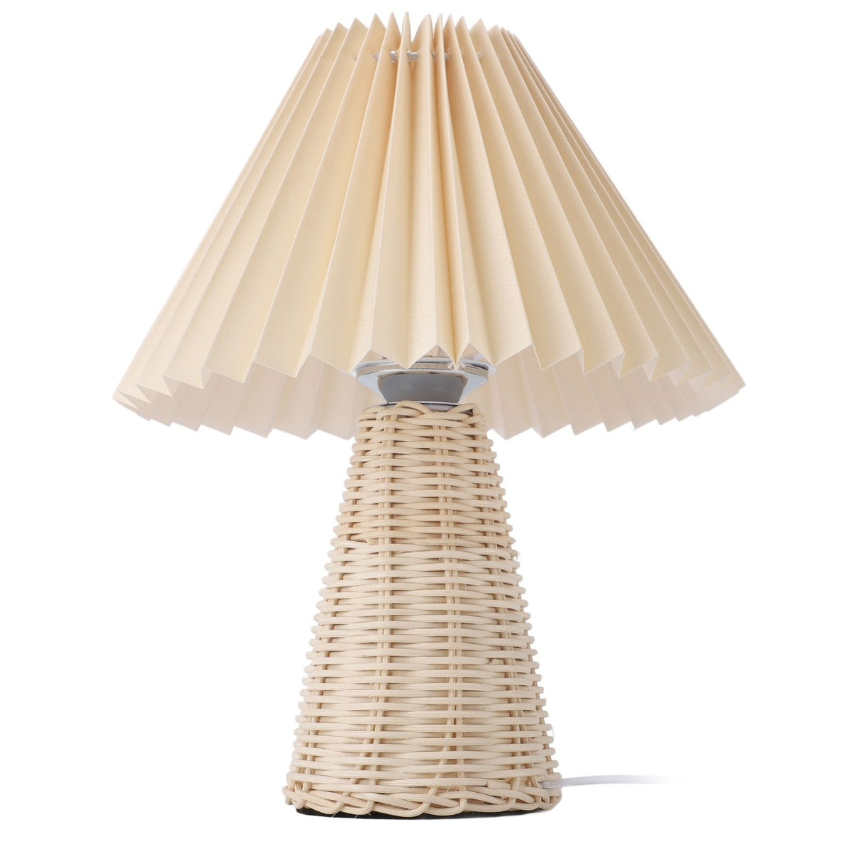 Pleated Table Lamp with Remote Control Modern Beige Fabric Shade Rattan Base Nightstand Lamp for Bedside Living Room Home Office Decor
